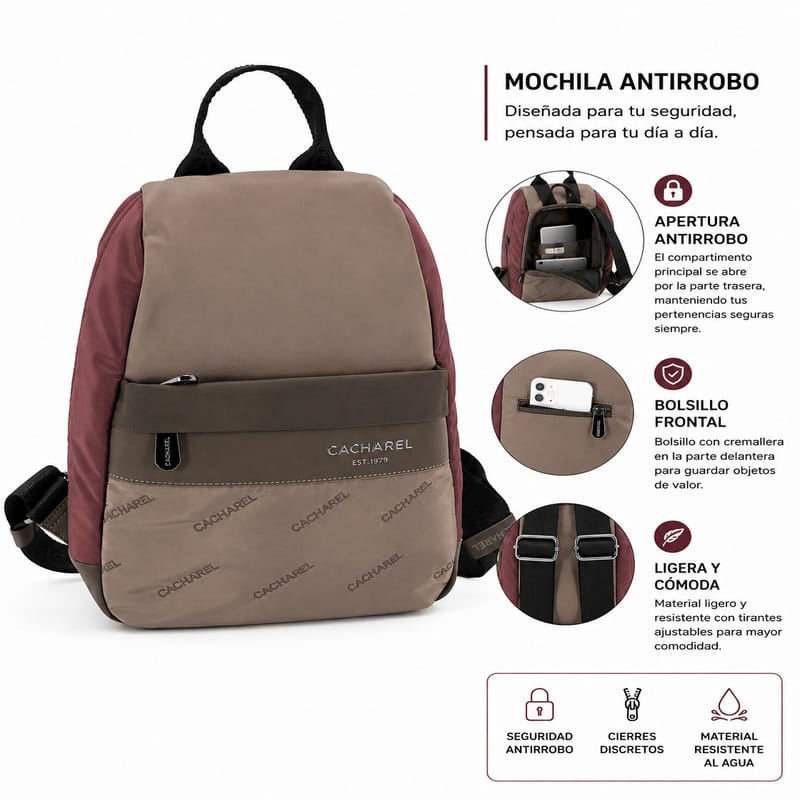 Mochila antirrobo nylon ultra ligero taupe-burdeos Cacharel - Imagen 2