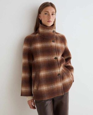 Abrigo Handmade Lana Cuello Chimenea Cuadros Marrón Yerse
