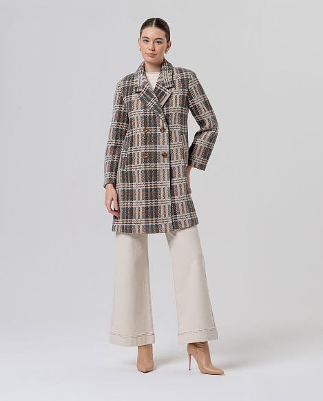 Abrigo midi cruzado de cuadros Camel Surkana