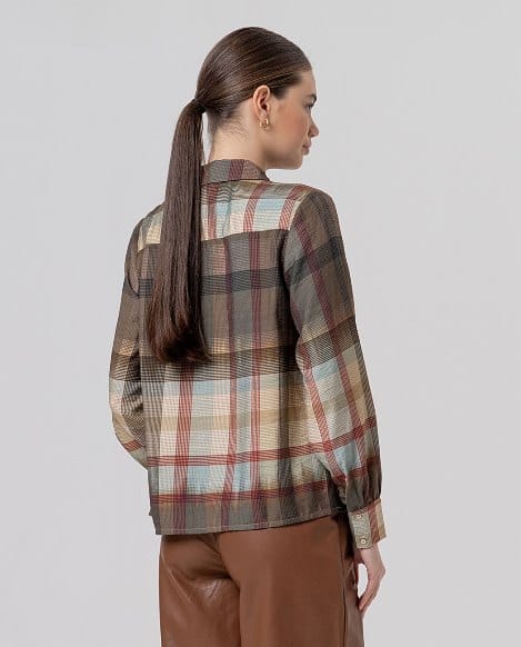 Camisa de cuadros con frunce en hombros Camel claro Surkana - Imagen 2