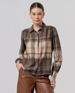 Camisa de cuadros con frunce en hombros Camel claro Surkana