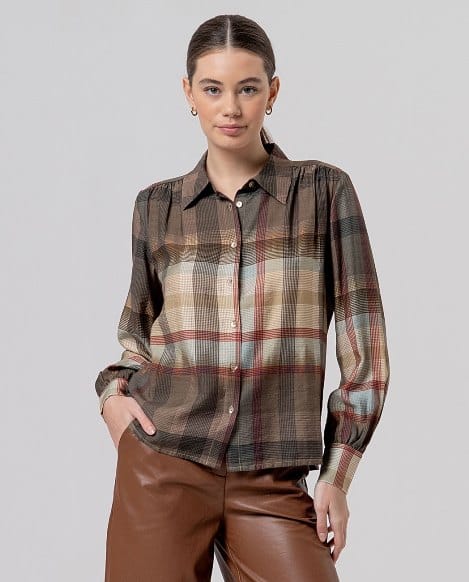Camisa de cuadros con frunce en hombros Camel claro Surkana
